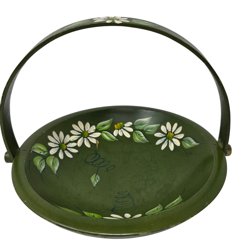 Vintage Hand Painted Wood Basket Green Daisy Folk Art Swing Handle